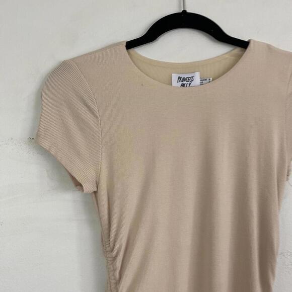 PRINCESS POLLY tan short sleeve ribbed ruched mini dress - Picture 2 of 5